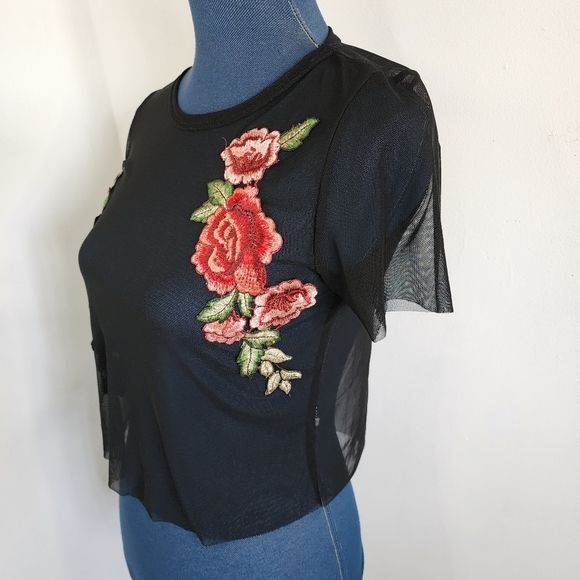 Blue Blush Black Sheer Top with Embroidered Flowers - Picture 6 of 6